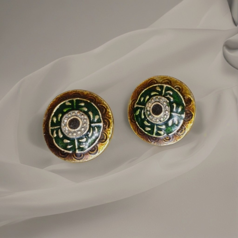✨ Vintage Green Enamel Medallion Stud Earrings ✨